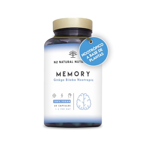 GINKGO BILOBA – Nootropico. Vitamina B12 y B6, Bacopa monnieri, Cafeina. Mejor Memoria, Concentración. Cansancio Mental, Fatiga, Ansiedad. Antioxidante. Vegano 60 cápsulas N2 NaturalNutrition